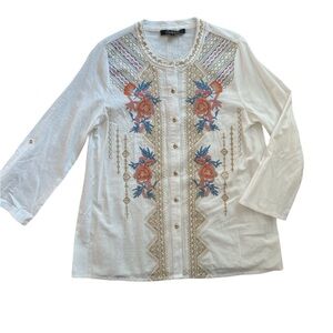 Caleoos 100% cotton gold buttons down white embroidered boho Blouse Sz S